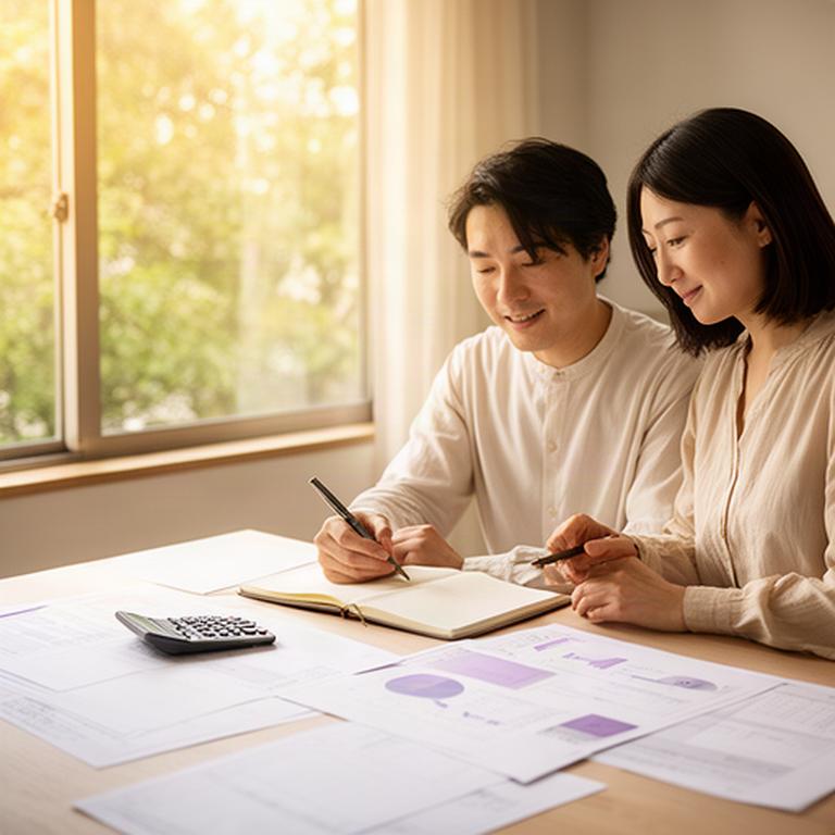 朝の窓辺で資産形成の計画を確認する日本人夫婦とノート、穏やかな自然光の室内