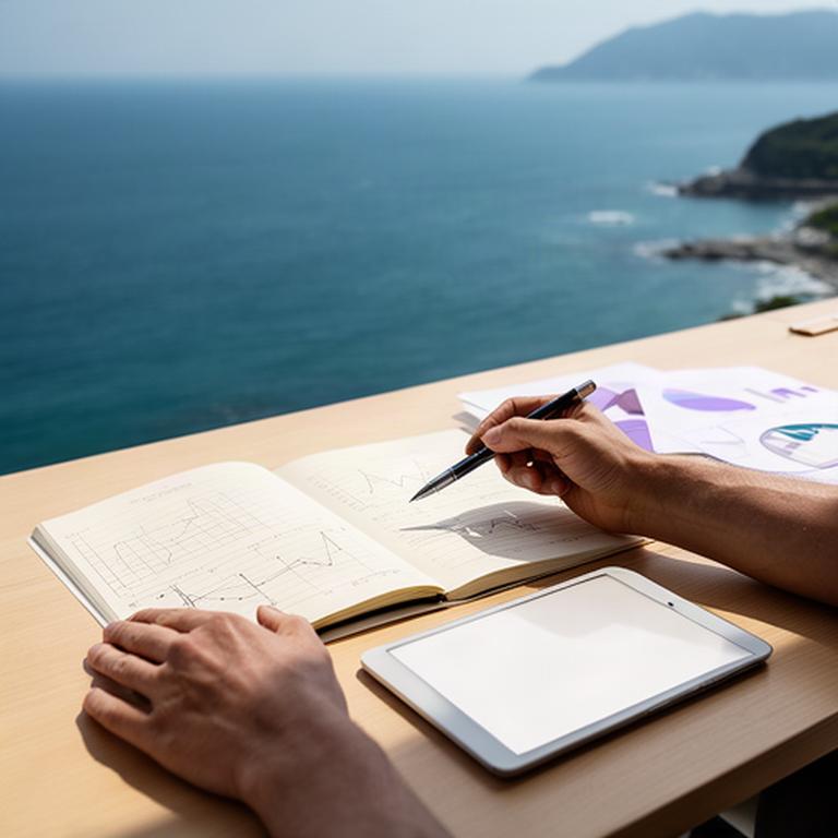 伊勢志摩の海を望む机で長期投資の計画を確認する手元